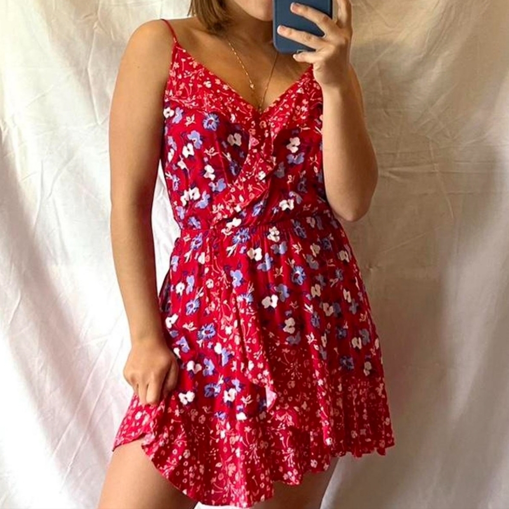 Express Red Ruffled Wrap Sundress - Picture 2 of 6